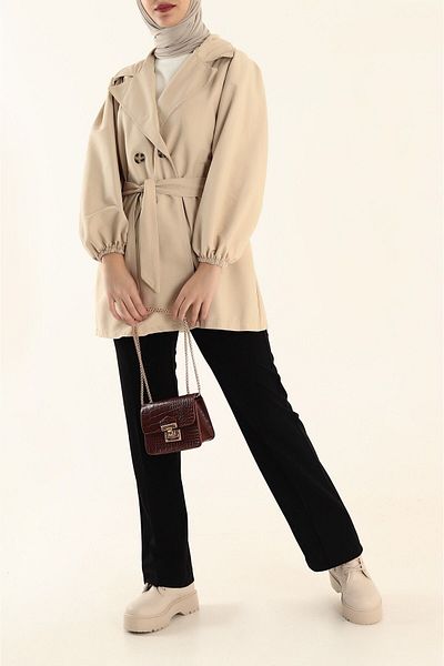 HARMONY GLOBAL Stone Color Double Breasted Collar Belted Women's Trench Jacket - 9024