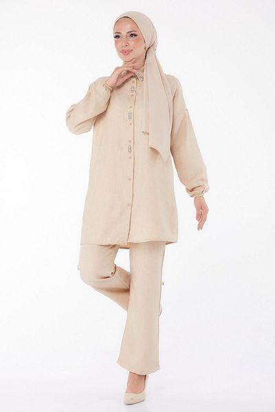 TOFİSA Beige Stone Detailed Plain Shirt Collar Women's Double Set - 13235