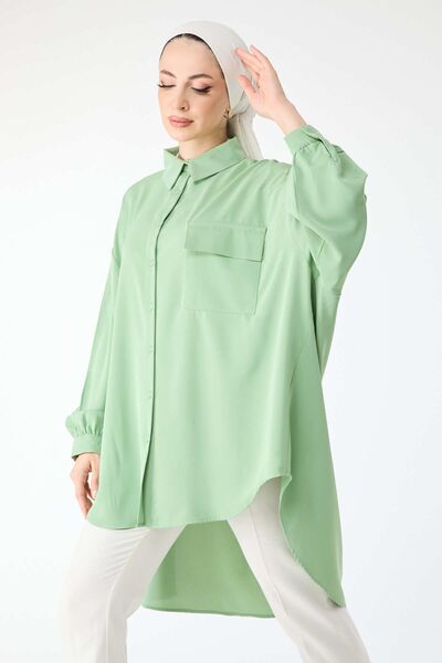 TOFİSA Zelená voľná tunika s dlhým rukávom - obyčajný košeľový golier - 24428