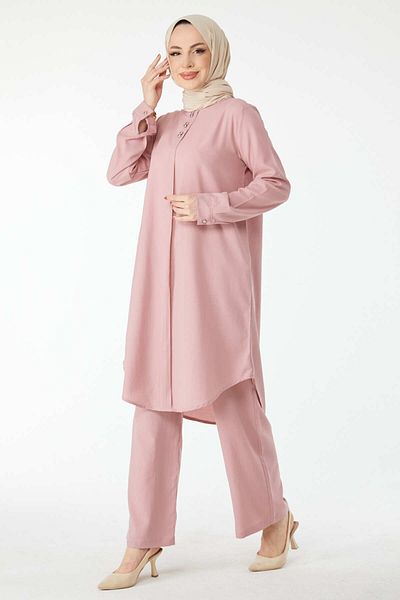 TOFİSA Pink Women's Tunic and Trousers - Plain Crew Neck - 13122