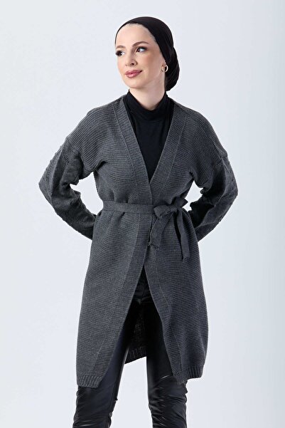 TOFİSA Антрацитовий трикотажний жіночий кардиган - прямий середній фасон - 23920