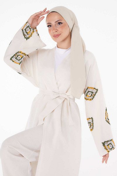 TOFİSA Khaki Color Kimono and Trousers Women's Double Suit - Straight Jacket Collar - 13193