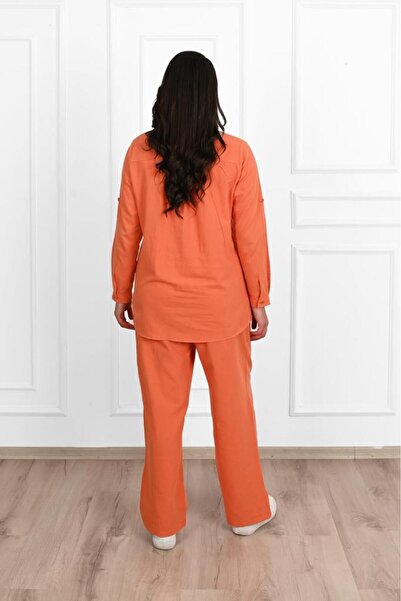 ADROM Plus Size Linen Shirt and Palazzo Pants Set - 3686-23