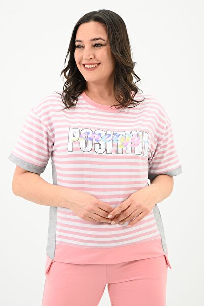 Koza Butik Γυναικείο Σετ Φούτερ με ρίγες Plus Size 8106-24