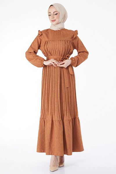 TOFİSA Plain Magnifying Collar Women's Tan Long Sleeve Shoulder Ruffle Pleated Dress - 24430