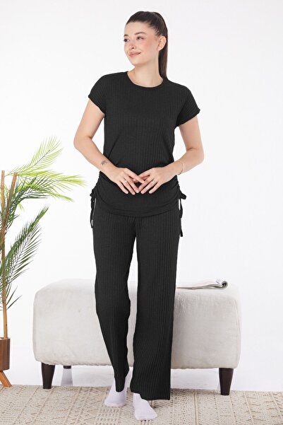 TOFİSA Μαύρο γυναικείο διπλό κοστούμι - μονόχρωμη λαιμόκοψη και λεπτομέρεια με κορδόνια - 25839