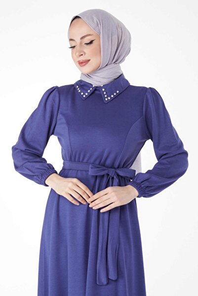 TOFİSA Plain Shirt Collar Women's Navy Blue Collar Stone Detailed Belted Dress - 24758