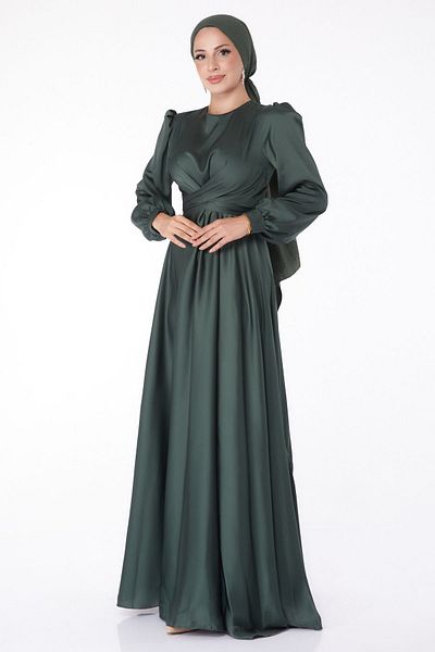 TOFİSA Khaki Lace-Up Plain Crew Neck Women's Evening Dress - 26160