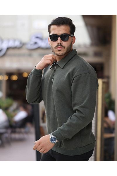 WENTEKS 3 Thread Thick Fabric Polo Collar Half Zipper Khaki Sweatshirt