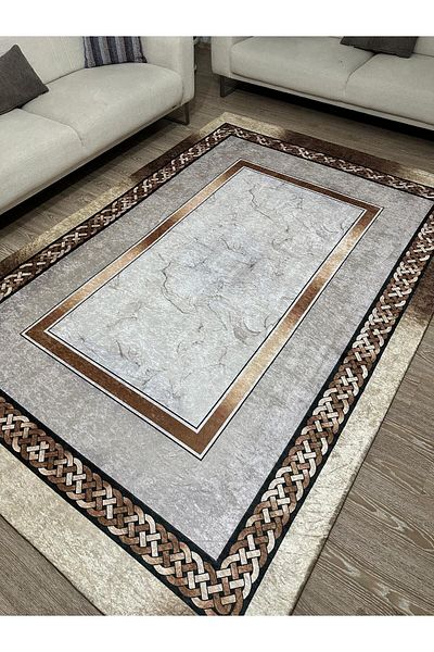 MODKLAS Brown Sponge-free Carpet Cover - Elastic and Washable Knitted Print, 6m2 200x300 Cm