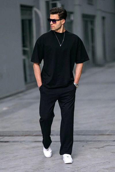 NO 601 Black Viscose Men's T-Shirt and Sweatpants Set - Comfortable Fit