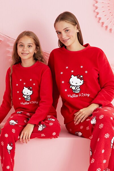 Siyah İnci Hello Kitty Lisanslı Polar Kırmızı Çok Renkli Nakışlı Bisklet Yaka...