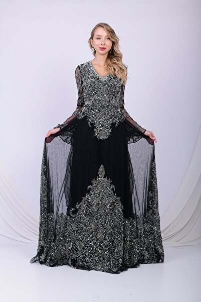 GATSBYLADY LONDON CARMENTA - EL İŞLEMELİ , TAŞEL DETAYLI KABARIK ELBİSE