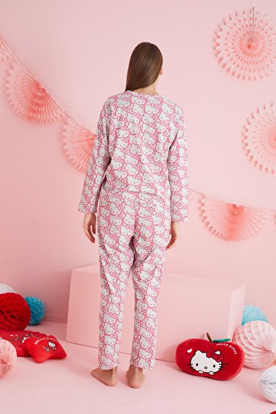 Siyah İnci Ліцензійний комплект піжами Hello Kitty із 100 бавовни з сірим вирізом на шиї HK209