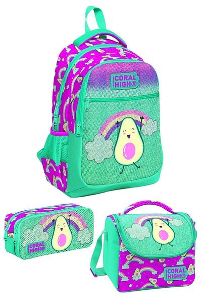 Coral High Pink Aqua Green Avocado Pattern - Glitter School Backpack, Lunch and Pencil Bag
