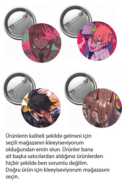 kleeyiseviyorum Chainsaw Man Anime Buton Rozet 4 Adet 37mm