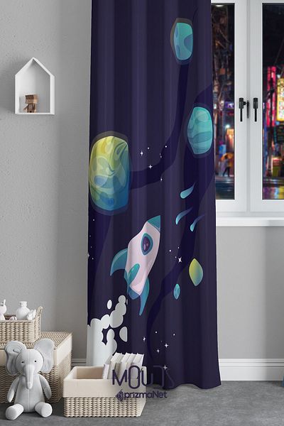 Moud's Navy Blue Space Patterned Background Curtain Children's and Baby's Room Suede Digital Printed Extra-For Drawstring Single Wing