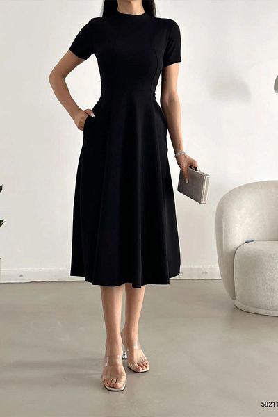 Planet Prestige Rochie neagră lungă din țesătură cu mânecă scurtă, cu buzunare
