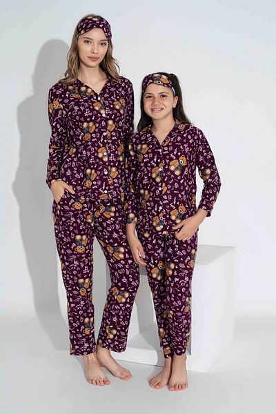 Tarık Purple Bear Patterned Suede Velvet Winter Pajamas Set - for Mother and Girls