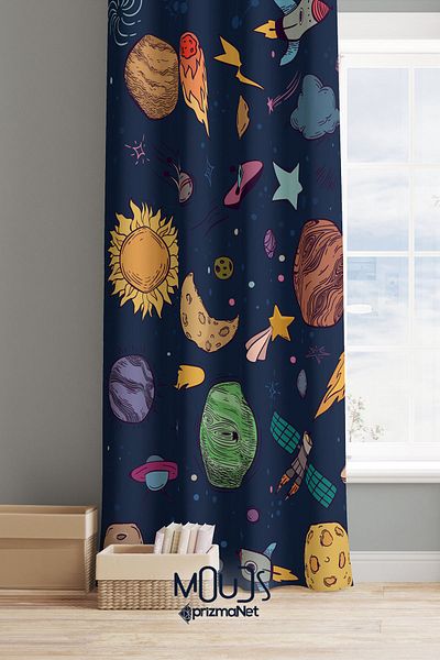 Moud's Galaxy Patterned Suede Background Curtain for Children's and Baby's Room - Digital Printed Extra-Force, Single Wing
