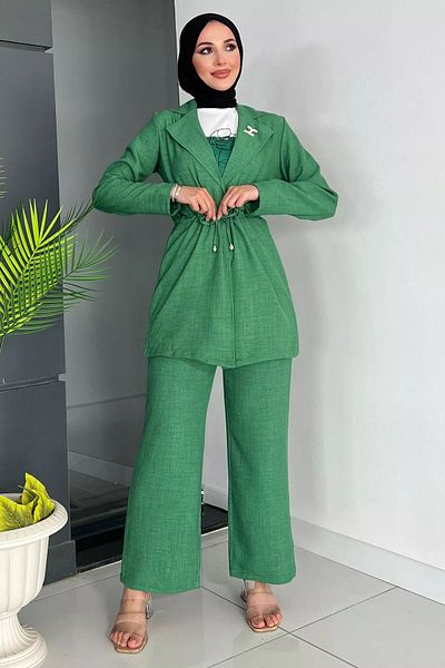 julude Green Japone Hijab Τριπλό Σετ - Μπλούζα με μανίκια, Παντελόνι, Μπουφάν