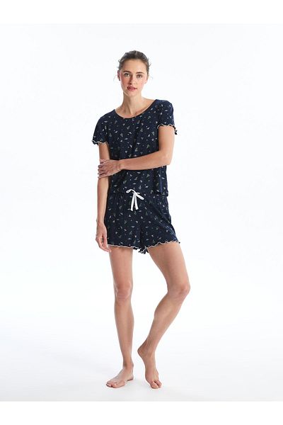 LC Waikiki Damen-Pyjama mit Blumendruck, Rundhalsausschnitt – kurze Ärmel und Shorts