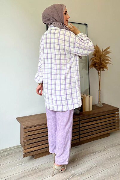 julude Hijab Cultivated Lilac Plaid Patterned Frilly Tunic and Trousers Set