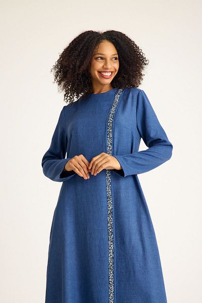 Fashion Showcase Indigo Long Dress - Stone Detailed Lace up Ferace