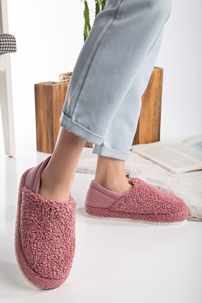 Slipcat Kuzu Kumaş Yünlü Sessiz Taban Lastikli Kadın Ev Ayakkabısı Ev Botu Panduf
