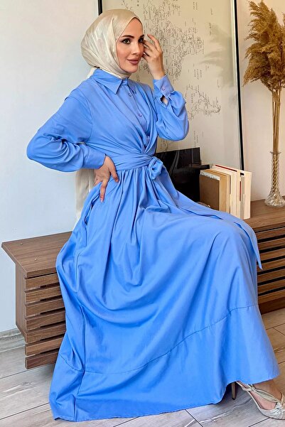 julude Half Buttoned Blue Hijab Dress - Waist Tied