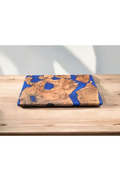 F&S WoodArt Olive Tree 40 cm Blue Epoxy Coffee - Cheese Wine Presentation Tray - Plate