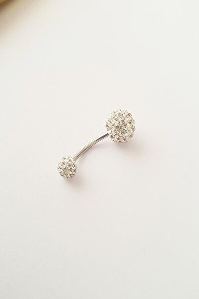 KuzeyTrend Ince Tasarım Ucu Zirkon Taşlı Çelik Göbek Piercingi Gümüş