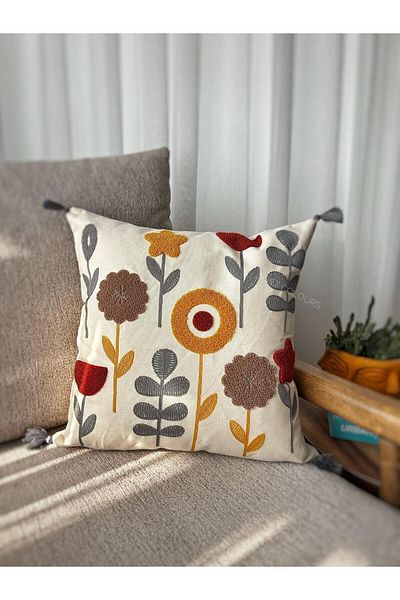 Soft Colours Bohemian Linen Throw Pillow - Authentic Punch Embroidered, 43X43 cm