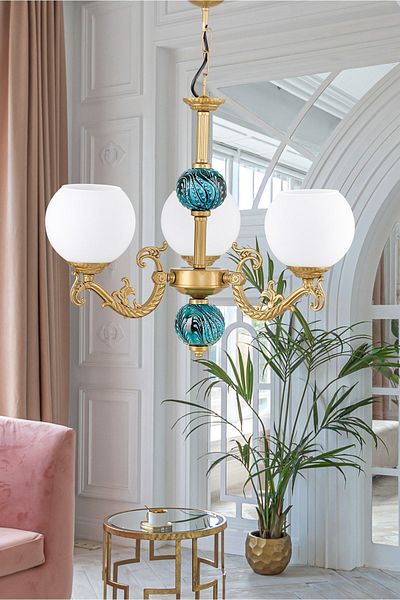 DEDE Three-Armed Zamak Chandelier with White Glass and Green Tiles