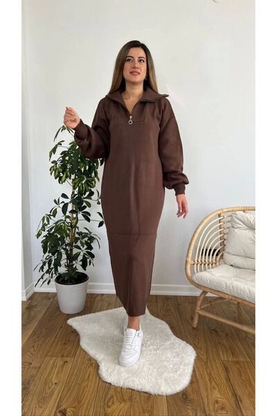 CLB COLLECTION Трикотажна дълга рокля с балонен ръкав с цип и деколте