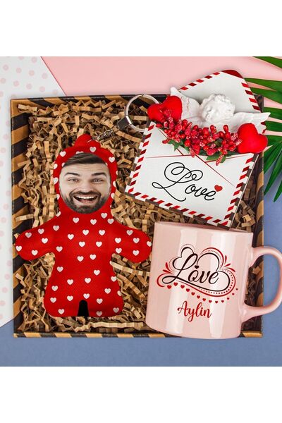 EJOYA Sevgiliye Özel Fotoğraflı Peluş Anahtarlık & Kupa & Aşk Mektubu Aranjmanı