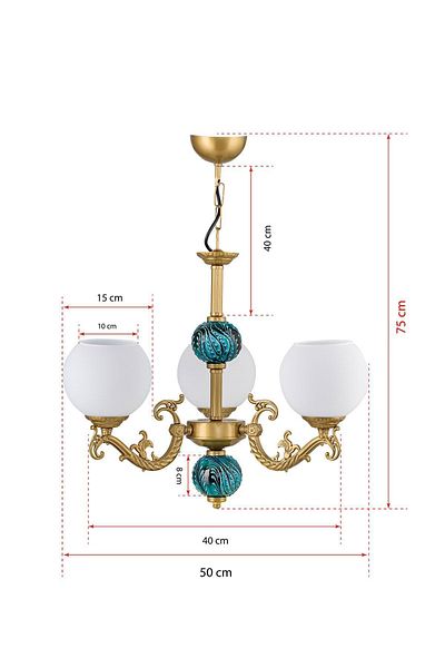 DEDE Three-Armed Zamak Chandelier with White Glass and Green Tiles