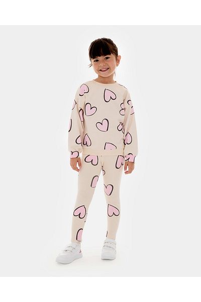 Minipodyum Heart Printed Girl's Sweatshirt and Tights - Cotton Set