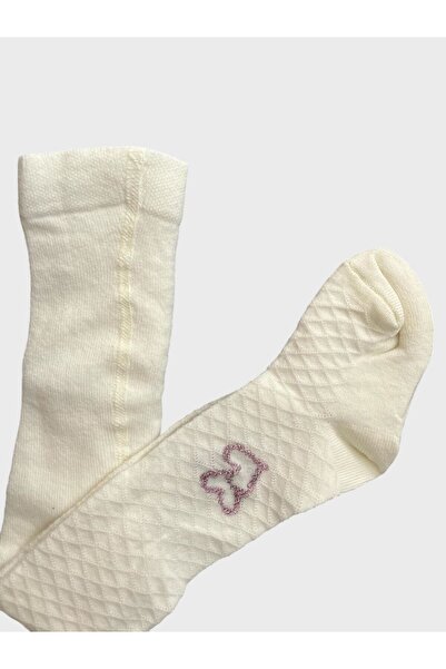 ALİŞ KİDS Girl - Cotton Ecru Pantyhose, Glitter Heart Pattern