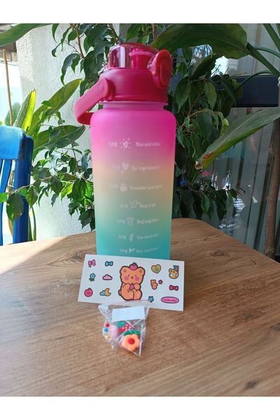 Blotch Pipetli BPA İçermeyen Pembe Renkli Stickerlı Motivasyon su matarası 2 Litre