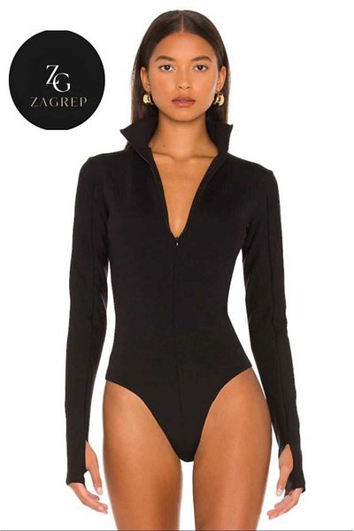Zagrep Women's Black Finger Snap Half Turtleneck Hidden Zipper Silk Jersey Bodysuit