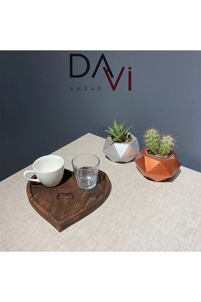 Davi Ahşap Special for Mother's Day - Set with Cup and Water Cup Wooden Coffee Presentation Plate 3 Pieces