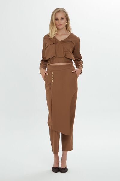 GİZİA Yüksek Belli Asimetrik Kadın Kahverengi Pantolon