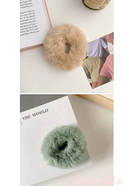 Cinderella Scrunchies de pluș cu blană moale colorate - Pachet de 2 agrafe de păr cu elastic - Culoare-5