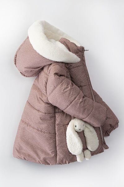 PODİUM GİYİM Sevimli Tasarım Tavşan Oyuncaklı Soft Kumaş Puantiyeli Varaklı Içi Kürklü Cepli Kışlık Kaban- Mont