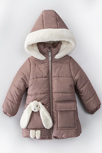 PODİUM GİYİM Sevimli Tasarım Tavşan Oyuncaklı Soft Kumaş Puantiyeli Varaklı Içi Kürklü Cepli Kışlık Kaban- Mont