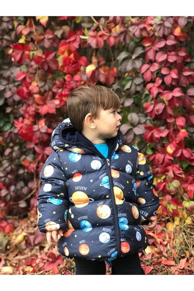 Mina Boys' Planet Patterned Printed Filled Inner Fleece Hooded Winter Inflatable Children's Coat & Coat