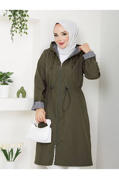 Butik Women's Large Size Ankle Striped Hooded Trench Coat