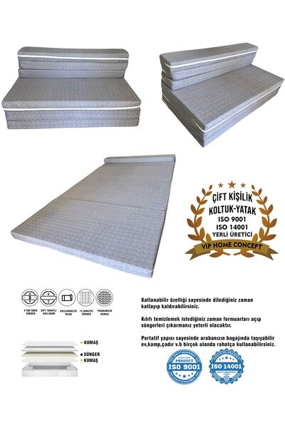 Vip Home Concept Market Ürünleri Çift Kişilik Katlanır Koltuk Katlanır Yatak Kanepe Yer Yatağı Çift Kişilik GRİ-120x195x8 CM