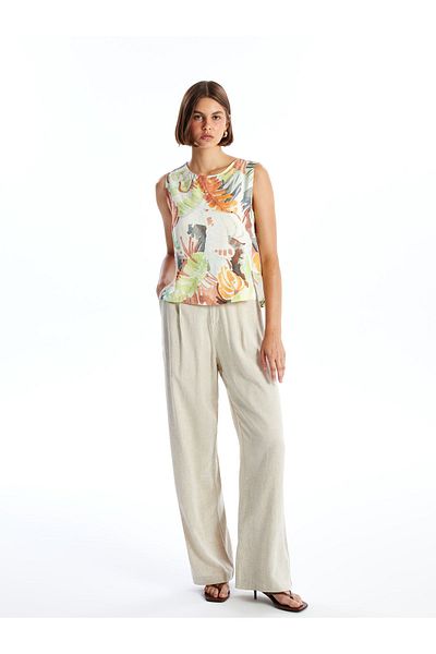 LC Waikiki Patterned Linen Look Crew Neck Women's Blouse